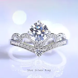 Luxury 925 Sterling Silver Moissanite Zirconia Crown Ring For Women Wedding Engagement Fashion Jewelry Adjustable Finger Ring