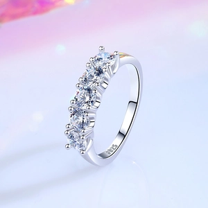 S925 sterling silver ring with five sparkling moissanite stones in a classic prong setting