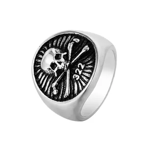 Punk Rock Stainless Steel Skull and Bones Signet Ring for Men Vintage Antiqued Jewelry with 322 Number Engraving