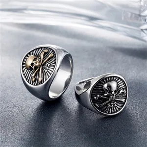 Punk rock skull ring with 322 engraving in vintage stainless steel finish for men