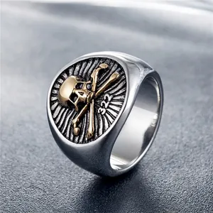 Men's punk rock skull ring in vintage silver and gold stainless steel with 322 engraving