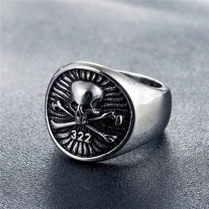 Retro punk rock skull and crossbones silver ring with 322 engraving in vintage steel finish