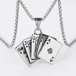 Vintage Titanium Steel Poker Card Royal Flush Pendant Necklace For Men Antique Silver Spade Ace Punk Style Jewelry Accessory