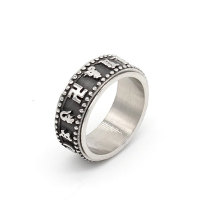 Rotating stainless steel Buddhist ring with engraved mantra and vintage black finish