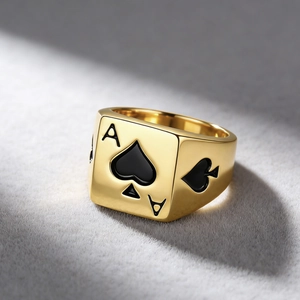 Anello da uomo a sigillo Asso di Picche in acciaio titanio dorato con smalto nero