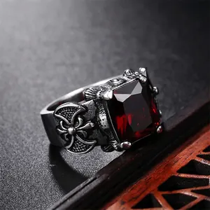 Gothic vintage silver ring with rectangular red ruby stone and cross relief carving
