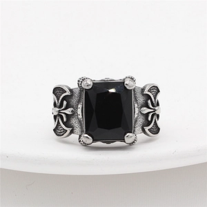 Vintage Viking axe ring with rectangular black gemstone and Gothic relief patterns