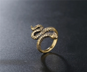 Détail macro d'une bague serpent vintage montrant les écailles et la texture du métal