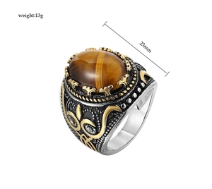 Detail view of retro men's ring with tiger eye stone and intricate metalwork details