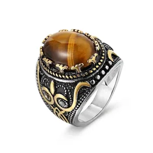 Retro Men Titanium Steel Ring Vintage Inlaid Tiger Eye Artificial Turquoise Ethnic Scrollwork Relief Punk Fashion Jewelry Ring