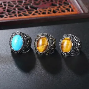 Vintage punk men's titanium steel rings with turquoise and tiger eye stone inlays