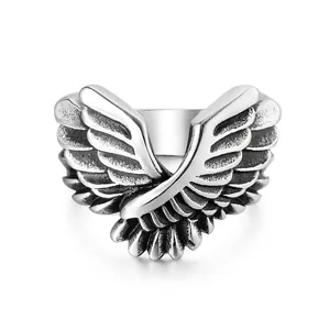 Men Vintage Angel Wing Ring Stainless Steel Gothic Punk Style Oxidized Feather Band Titanium Steel Biker Jewelry For Him