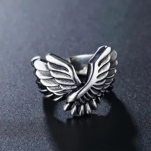 Vintage eagle wing angel ring in retro silver finish for men, gothic stainless steel style