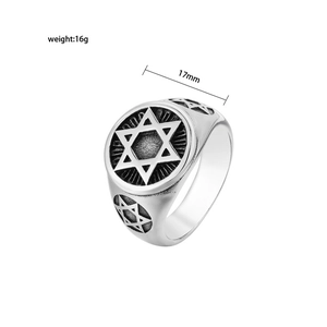 Macro view of vintage stainless steel Star of David ring showing detailed black aging effect