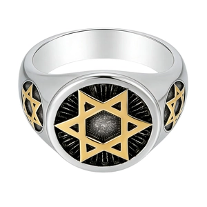 Vintage stainless steel signet ring for men featuring golden hexagram star on black texture