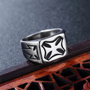 Vintage silver stainless steel ring for men with embossed cross detail and metallic finish