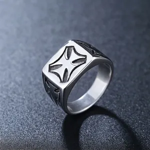 Vintage stainless steel cross ring for men with punk style engraving and silver finish