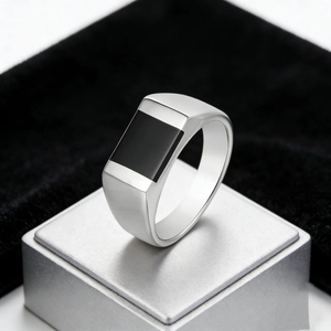 Minimalist silver men's titanium steel ring with black onyx inlay on display stand