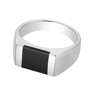Polished stainless steel signet ring for men featuring a rectangular black agate inlay