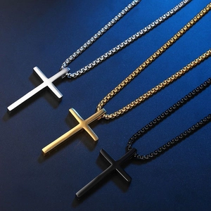 Minimalist titanium steel cross pendants in silver, gold, and black with box chains