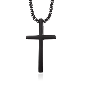 Minimalist black stainless steel cross pendant necklace on a matching round link chain