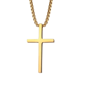 Detailed close-up of a polished gold cross pendant with a sleek box chain on white backdrop