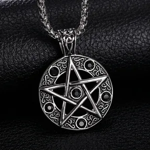 Collier avec pendentif pentagramme vintage en acier inoxydable et zircones noires pour homme