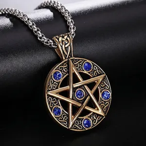 Collier vintage en acier titane avec pendentif pentagramme et strass bleus