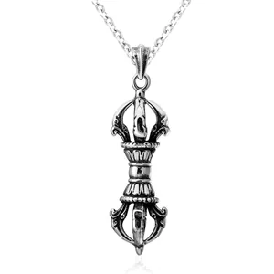 Vintage Titanium Steel Vajra Pendant Necklace Men Women Distressed Buddhist Religious Jewelry Retro Blackened Metal Pendant