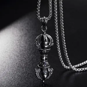Vintage stainless steel Vajra pendant necklace for men with retro oxidized finish and box chain
