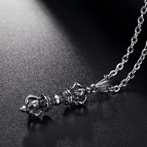 Vintage stainless steel Vajra pestle pendant necklace with distressed finish and O-chain
