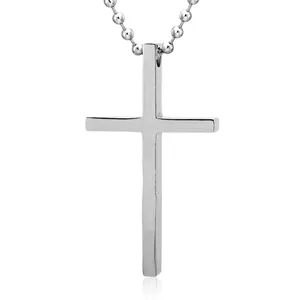 Minimalist silver stainless steel cross pendant necklace with a polished bead chain