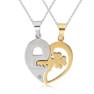 Stainless Steel Heart Puzzle Pendant Necklace With Clover Lock Key I Love You Engraving Couple Jewelry Gift For Lovers
