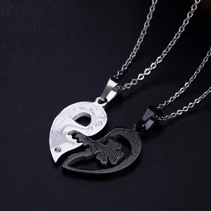 Couples stainless steel heart puzzle necklaces with four-leaf clover and engraved crystals