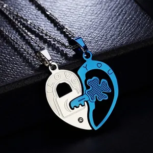 Couples heart lock and key necklaces in silver and blue with I Love You engraving