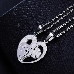 Polished stainless steel heart puzzle necklace for couples with clover pattern