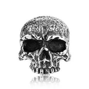 Vintage Titanium Steel Skull Ring For Men Gothic Punk Biker Jewelry Distressed Oxidized Skeleton Head Finger Ring Halloween Gift