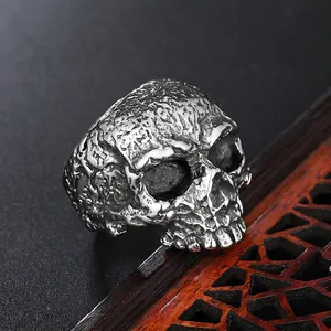 Vintage gothic skull ring for men made of durable stainless steel with oxidized silver finish