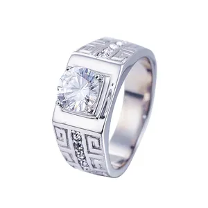 Bague pour homme en acier titane avec un grand cristal rond et motifs grecques
