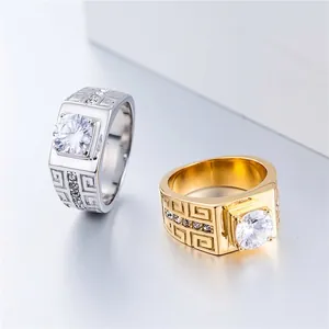 Bagues pour hommes en acier titane or et argent avec motif grec et cristal blanc