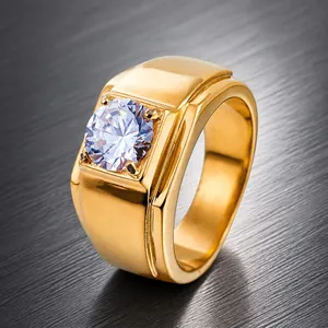 Polished gold signet ring for men with a large round cubic zirconia stone in a 4-prong setting