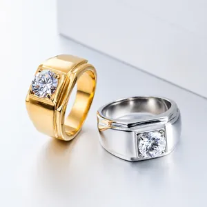 Minimalist wide band titanium steel rings with round solitaire cz in gold and silver