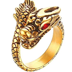 Retro gouden drakenring met rode edelsteenogen en gedetailleerde schubben van staal