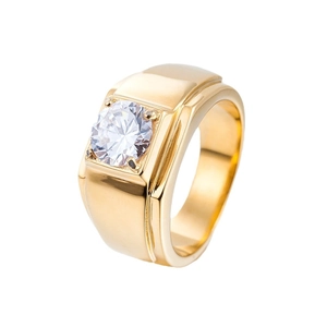 Polished gold-plated men's ring with a classic round cubic zirconia center stone