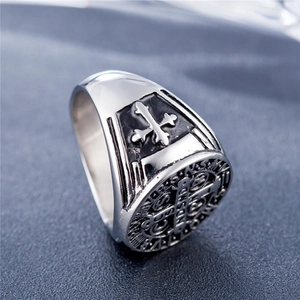Vintage stainless steel Saint Benedict medal signet ring with religious cross engraving