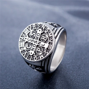 Vintage stainless steel Saint Benedict medal ring for men with cross relief engraving