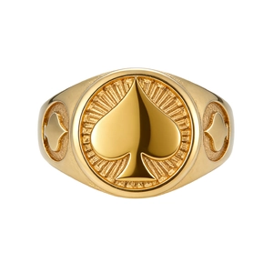 Gold Ace of Spades Signet Ring for Men in Punk Style with Polished Finish and Sunburst Texture