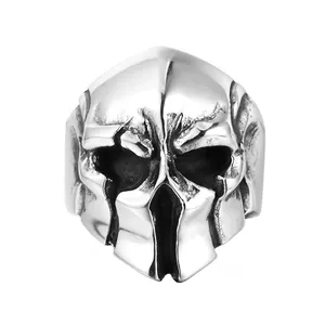 Vintage Spartan Helmet Skull Ring For Men Gothic Punk Stainless Steel Distressed Heavy Metal Biker Band Finger Jewelry