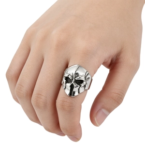 Vintage spartan helmet skull ring in antique titanium steel finish worn on male hand