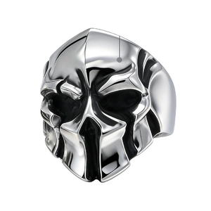 Polished silver Spartan helmet skull ring for men in retro punk stainless steel style